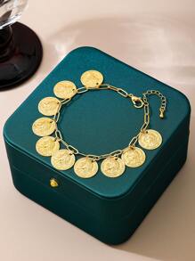 1 pieza Pulsera vintage con moneda y cadena ovalada para mujeres, adecuada para festivales