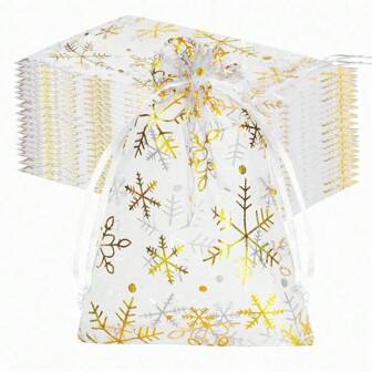 20 Piezas/40 Piezas Bolsas de regalo de organza dorada con copos de nieve de 5x7 pulgadas con cordón, bolsas de fiesta de cumpleaños de Frozen, bolsas de regalo de fiesta de invierno a granel, decoraciones navideñas