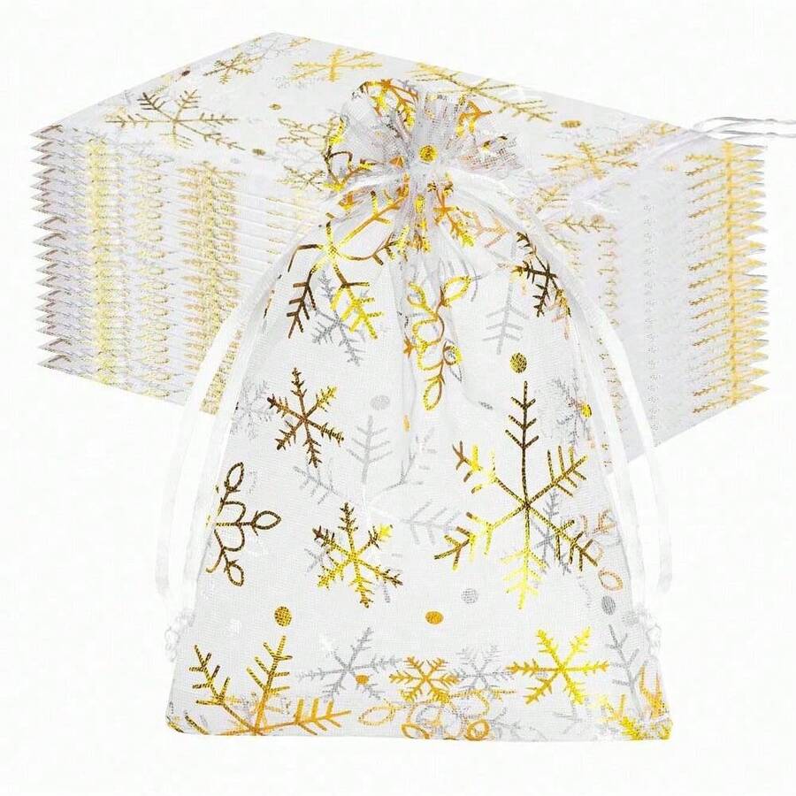 20/40 Túi quà Organza hình bông tuyết vàng 5x7 inch có dây rút dùng cho tiệc Giáng sinh Túi quà tặng tiệc sinh nhật Frozen Túi quà tiệc xứ sở thần tiên mùa đông Túi đựng đồ trang trí Giáng sinh số lượng lớn - Vàng - Xem 1