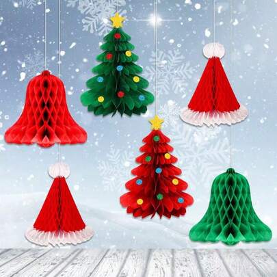 5pcs Christmas 3D Honeycomb Decorative Pendants, Christmas Tree, Bells, Christmas Hat Design Hanging Decorations, Suitable For Winter Party Home Decoration, Birthday Party, New Year Atmosphere Decoration Props, 2025 Christmas Decorations