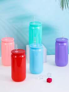 1PC/6pcs Colorful Plastic Cups With Lids And Straw PET Can Replacement For Water Bottle Shaped Cute Tumbler Drinking Plastic Cups For Party, Coffee, Milk Outdoor Sippy Cup Simple