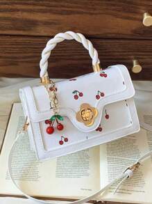 女士多功能高品质时尚樱桃印花手提包，时尚小方斜挎包，春夏新品系列 - 白色 - 查看 9