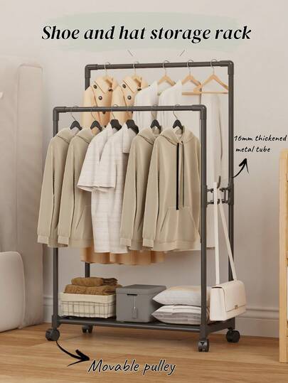 1PC,Heavy Duty Clothes Rack With Wheels, Portable Metal Garment Rack With Double Rails And 2-Layer Storage Shelf, Freestanding Hanger For Bedroom,