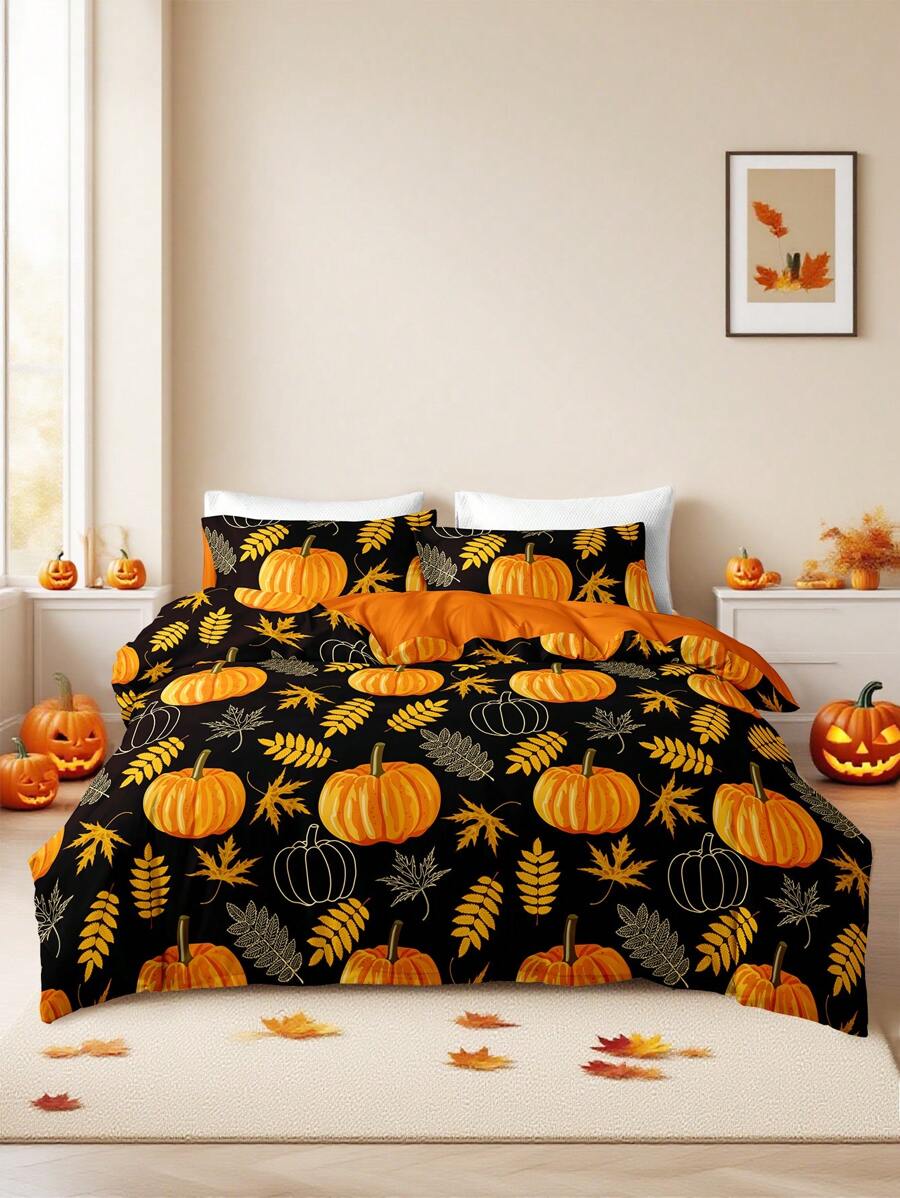 3pcs/Set Halloween Cute Ghost Pumpkin Digital Print Duvet Cover Set(1 Duvet Cover & 2 Pillowcase)Soft And Skin-Friendly Duvet Cover Bedding Set For Home, All Season Bed Sheets Set Halloween Gift - Multicolor - View 1