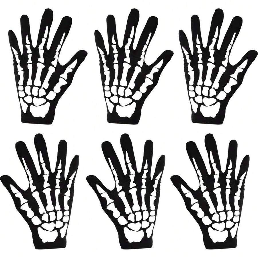 6pcs Halloween Skeleton Print Gloves, Non-Slip Funny Gloves For Personalized Role Play, Horror Skeleton Claw Gloves, Full Finger Short Gloves, Costume, Anime Cosplay Party Accessories, Black
