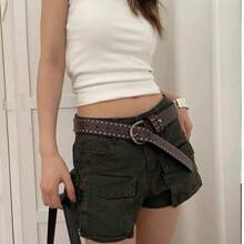 1 件棕色休闲铆钉简约百搭女士腰带，适合搭配牛仔裤和休闲裤