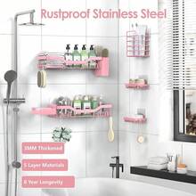 Shower Caddy Adhesive Shower Organizer 7-Pack, Rustproof Stainless Steel Bathroom Shelves, Large Capacity No-Drill Rack Storage Accessories With Soap Dish Toothbrush Holder &24 Hooks Home Decor - 粉色 - 查看 5
