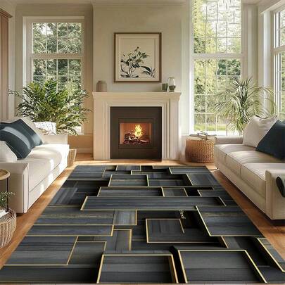 1 pieza Alfombra de área de lujo con patrón de patchwork geométrico 3D negro y dorado, 800g de base de TPR lavable, alfombra rectangular moderna y elegante de felpa suave, adecuada para exteriores, entrada, sala de estar, dormitorio, lavandería, baño, sala de juegos, tapete grande de todas las temporadas, decoración del hogar