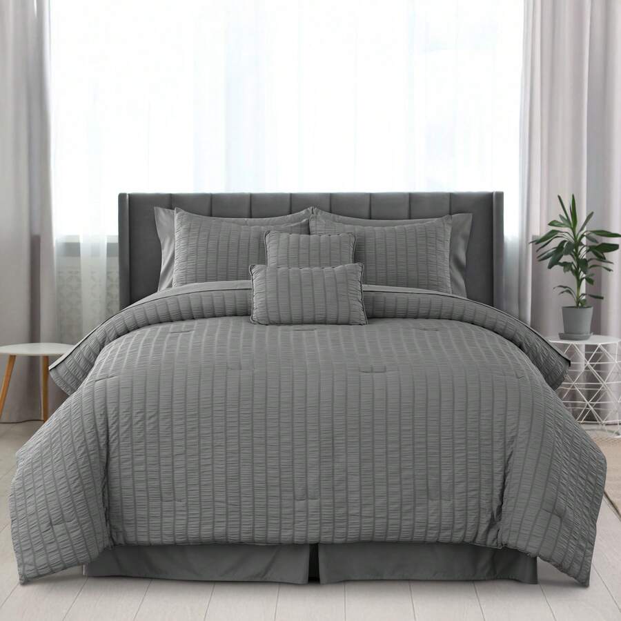10-Piece Comforter Set - Lux Decor - Down Alternative - Seersucker Lightweight Comforter Set With Sheets - All-Season Warmth & Breathability - Enhance Your Space With Cozy Elegance - Soft Bedspreads - Luxury Bedding Sets - Back To School - Graduation Gifts - Lightweight Comforter - Home Decor - Embrace Comfort In Every Season - Softness And Style Combined - All-Season Bedding Set -, Cozy Bedding, Soft Bedding, Luxury Bedroom Comfort, Valentine's Day Cozy Night, Spring Lightweight Bedding, All-Season Warmth, Duvet Insert, Cozy Blanket, Fluffy Fill, Box Stitch Design, Reversible Design, Hotel Collection Style, Soft Touch Fabric, Easy Wash Bedding, Daily Living, Home Basic, Family Use - 灰色 - 查看 1
