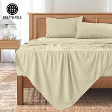 Lux Decor 4 Pc Stripe Bed Sheets, High GSM Brushed Microfiber Bedding Set With Deep Pocket Fitted Sheet & Pillowcases. Soft, Breathable, Hypoallergenic, Easy Care, And Wrinkle Resistant For Year-Round Comfort And A Classic Hotel-Quality Look. - 香草 - 查看 9