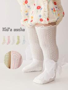 1 Pair Girls' Bow Decor Princess Mid-Calf Socks, Non-Slip Indoor Floor Socks, Toddler Socks, Spring/Autumn