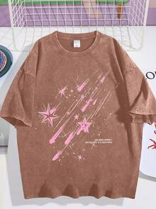 EWH Vintage Distressed, Meteor Print T-Shirt, Men's Short Sleeved, Loose Fit, Short Sleeved TopDG0004 - 咖啡棕 - 查看 1