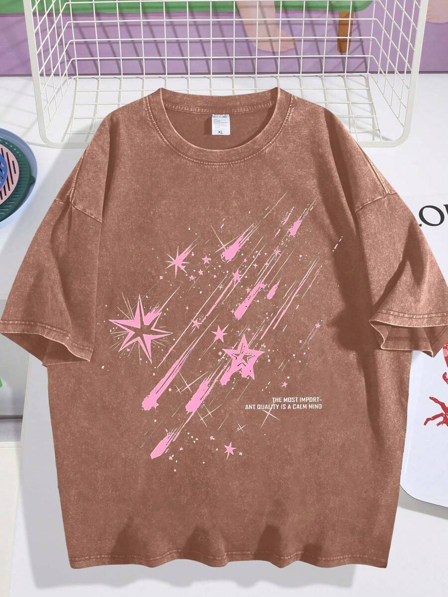 EWH Vintage Distressed, Meteor Print T-Shirt, Men's Short Sleeved, Loose Fit, Short Sleeved TopDG0004 - 咖啡棕 - 查看 1