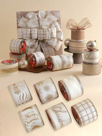 1 件香槟色圣诞编织丝带，圣诞装饰 DIY 蝴蝶结丝带，圣诞礼物包装