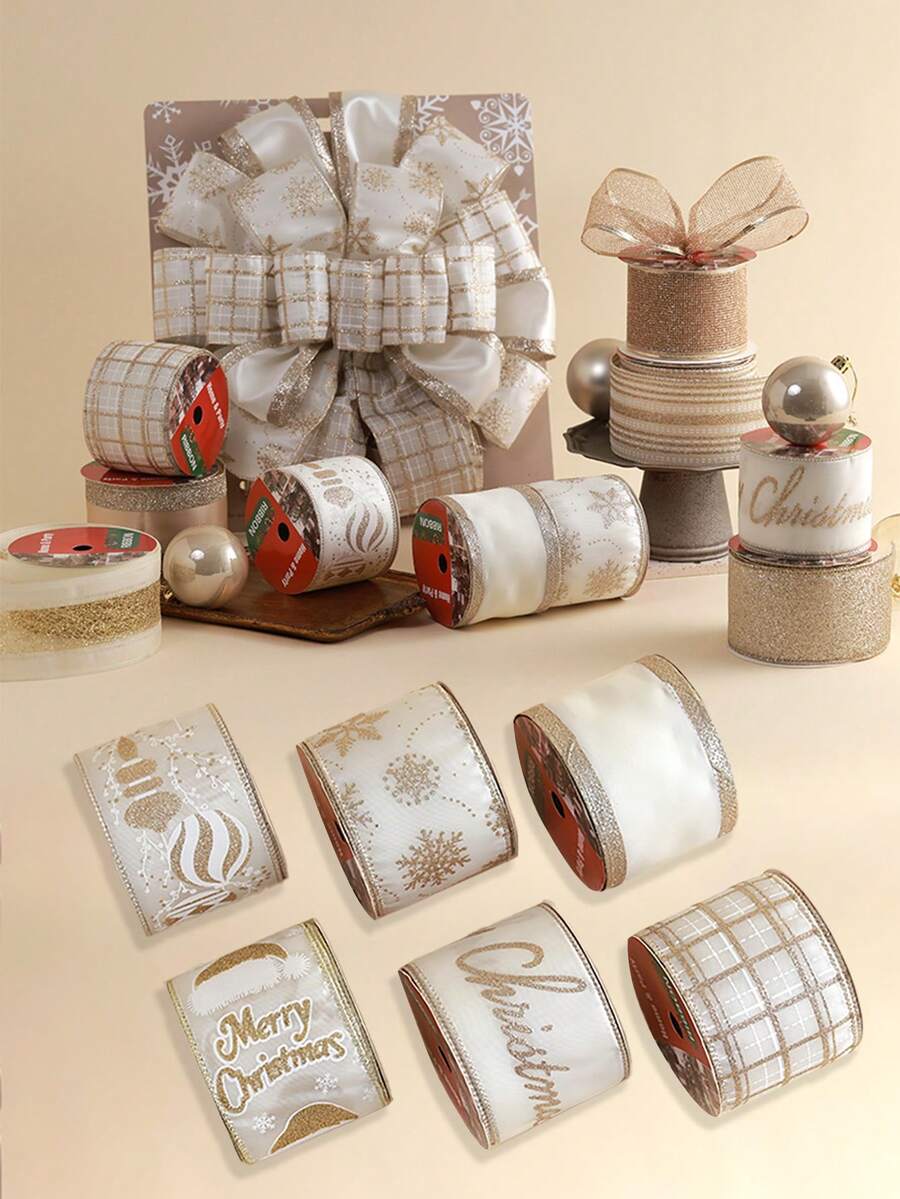 1pc Champagne Christmas Woven Ribbon, Christmas Decor DIY Bow Ribbon, Christmas Gift Wrapping - Multicolor - View 1