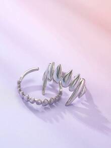 2pcs Stainless Steel Silver, Stylish And Simple, Vampire Teeth Opening Adjustable Split Ring Set, Suitable For Daily Wear Or Halloween Gifts - Silver - View 4