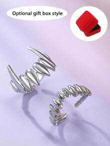 2pcs Stainless Steel Silver, Stylish And Simple, Vampire Teeth Opening Adjustable Split Ring Set, Suitable For Daily Wear Or Halloween Gifts - Silver - View 1