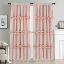 Shabby Chic Window Curtains With Blackout Liner, Boho Ruched Window Treatments With 3 Rows Of Butterfly Flowers, Rustic Rod Pocket Drapes For Living Room, 54"W X 84"L, 2 Panels - Peach Pink - Xem 1
