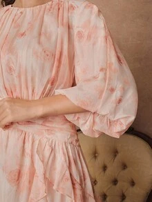 Savoree Váy voan satin tay đèn lồng họa tiết hoa màu hồng dáng chữ A, nhún bèo eo thanh lịch dành cho nữ, mùa xuân/lễ Phục sinh - Xem 2