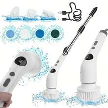 Rechargeable Rotating Cleaning Brush, Wireless Electric Bath And Kitchen Tile Cleaning Brush With LED Display, 2 Speed Settings, 7 Replaceable Cleaning Heads, Adjustable And Detachable Long Handle, Battery Capacity: 2000mAh - White - View 11