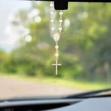 Pearl Rosary Cross Pendant Rearview Mirror Charm - Elegant Catholic Religious Rearview Mirror Decor With Glossy Beads - Fits Most Cars/SUVs - Inspirational Gift For Baptism/First Communion/Christmas (Gold/Silver) - Car Accessories, Car Decor, Car Interior Accessories, Automotive Supplies, Car Accessories - Multicolor - View 2