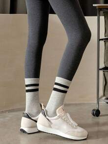 6 Pairs Striped Mid-Calf Socks For Women, Black, White, Gray, Fashionable Casual Sports Long Socks, Suitable To Pair With Underwear And Pants, Women's Outerwear Mid-Calf Socks, Student Sports Long Socks, Striped Mid-Calf Socks (1/3/6 Pairs) - Multicolor - View 3