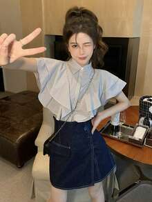 Summer Unique Collar Blouse With Ruffle Trim And Tie, Versatile Striped Shirt For Women - White - View 5