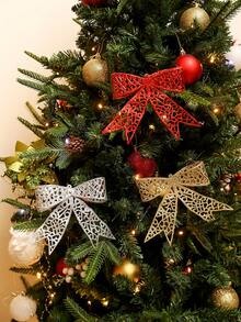 5pcs/1pc Christmas Bow Tree Topper Decorations, Christmas Tree Ornaments, Glitter Artificial Christmas Bows, DIY Wreath, Home Decor, Wedding Party, Christmas Gift Box Decor, Holiday Party Decorations, Christmas/Holiday/Seasonal/Wedding Christmas Tree Decor, Glittering Christmas Wooden Shrub Decorations