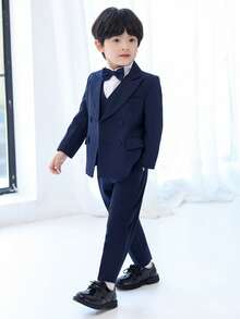 5pcs/Set Boys' Classic Minimalist Formal Suit Set - Jacket + Vest + Pants + Tie + Suspenders, Suitable For Birthday Party, Celebration, Awards Ceremony