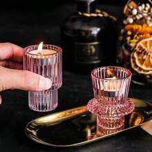 1pc European Minimalist Pink Glass Candlestick - Romantic Candle Light Prop For Home Dining Table, Candle Cup, Popular B&B Decor