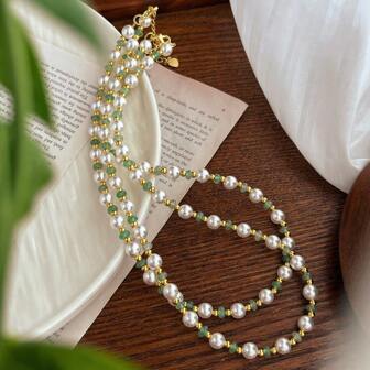 1pc New Chinese Style Fresh Retro Bicolor Handmade Beaded Natural Hetian Jade & Pearl Necklace, Suitable For Women's Daily And Party Wear