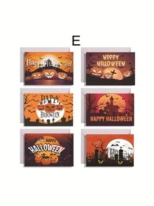 6 arkuszy/opakowanie, kartka z życzeniami na Halloween – pusta w środku, karta z zaproszeniem na Halloween, zestaw kartek informacyjnych – kartki z życzeniami w różnych wzorach z okładką w stylu vintage Halloween na życzenia, pamiątki i prezenty świąteczne (z 6 kopertami i 6 okrągłymi naklejkami), niezbędne artykuły na święta