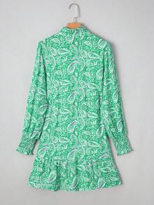 Acelitt 春秋绿色佩斯利印花长袖扣腰迷你连衣裙 - 綠色 - 查看 4