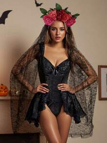 Day Of The Dead Costume For Women Vintage Sleeveless Corset Bodysuit And Veil Flower Headband Set - 黑色 - 查看 4