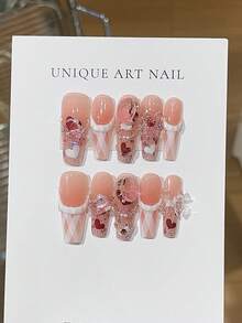 10 件超甜美女孩！超长法式美甲贴，白色蕾丝边，搭配大方糖水钻和粉色闪粉，可重复使用的手工指甲套，包含迷你指甲锉，适合作为送给朋友或派对的礼物，按压式指甲美甲用品 - 淺粉色 - 查看 19