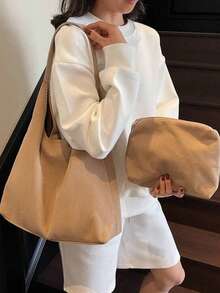 1 件女士大容量单肩包，复古绒面腋下包，上班出游的高端通勤托特包，磨砂纹理大手提包带内衬，秋冬 - 卡其色 - 查看 2