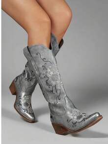 Women Western Boots With Stiching   Western    Buckle  Embroidery    Holiday - Xám - Xem 1