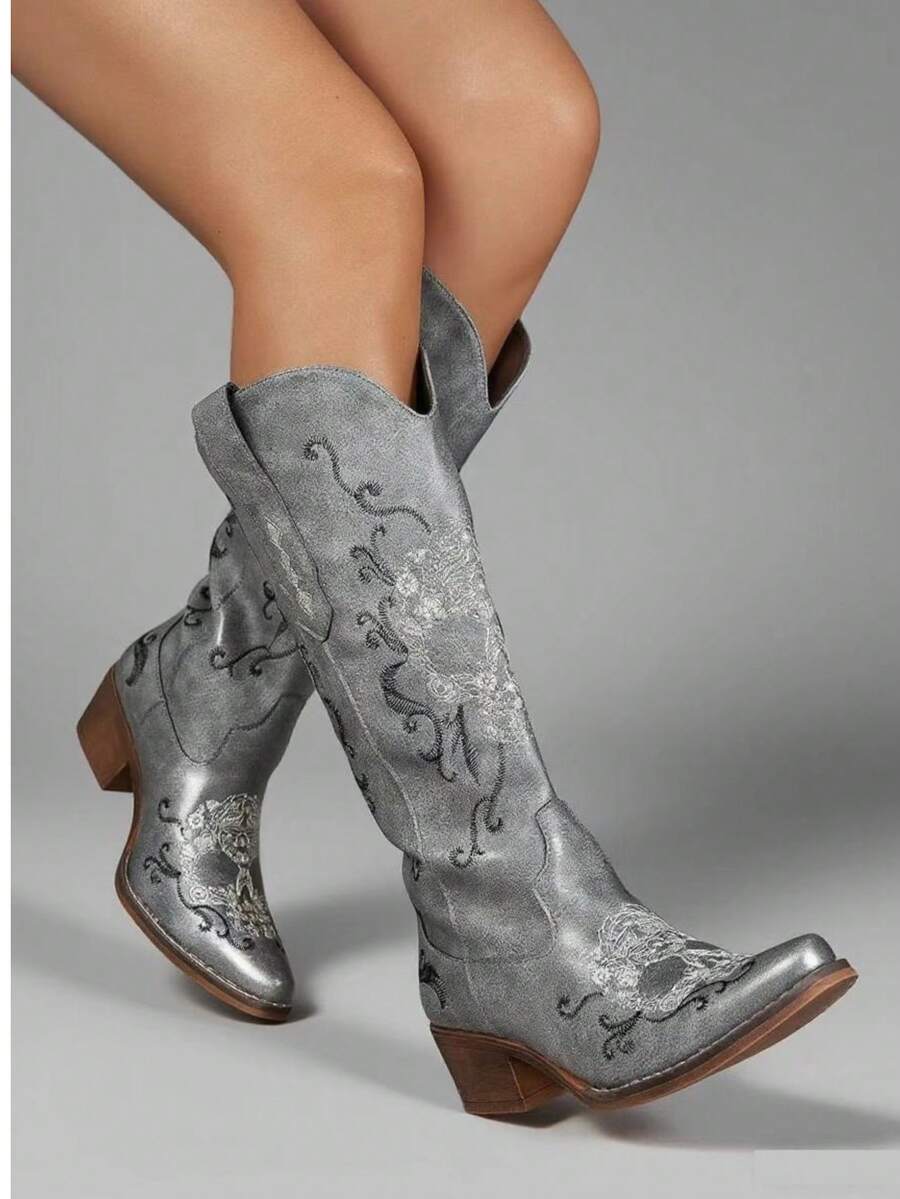 Women Western Boots With Stiching Western Buckle Embroidery Holiday - Xám - Xem 1