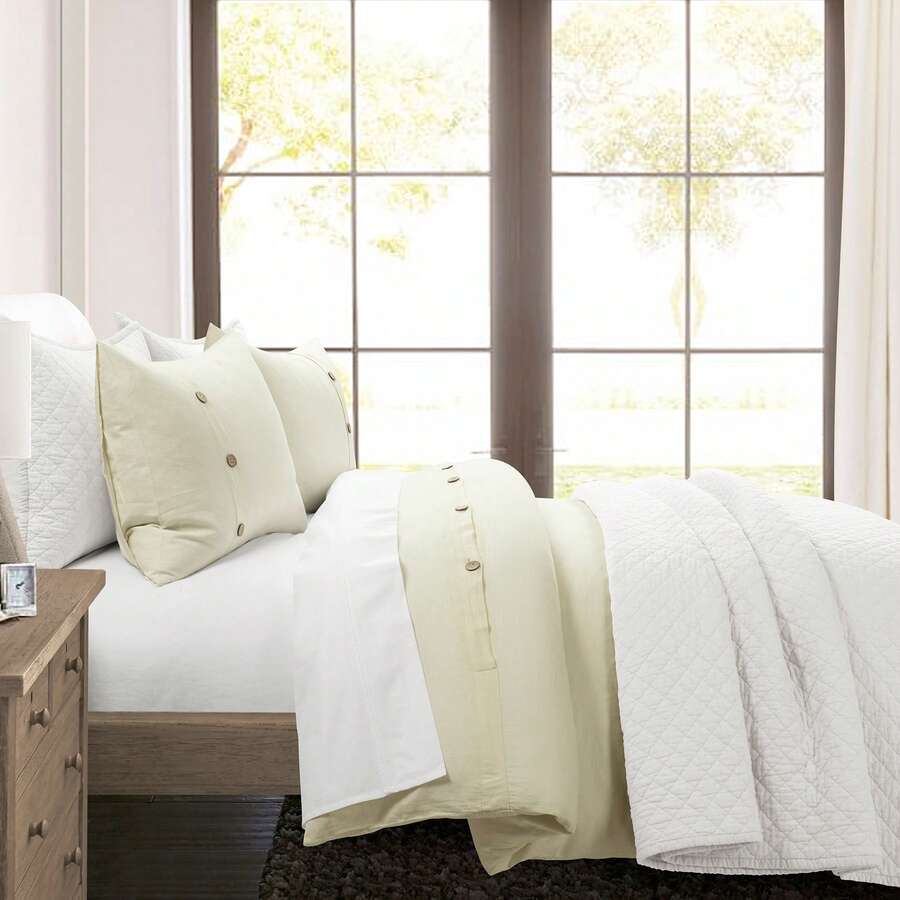 LUSH DECOR Belgian Flax Prewashed Linen Rich Cotton Blend Duvet Cover White 3Pc Set King/Cal King Halloween-Fall Decor-Room Decor - Ngà voi - Xem 1