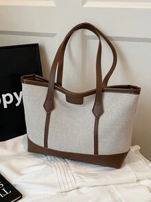 1 件棕色针织面料顺滑拉链时尚休闲拼布 2025 春夏新款小众大容量单肩托特包，适合女性日常使用 - 棕色 - 查看 4