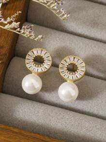 2 件高品质椭圆形珍珠耳钉铜镶嵌镀锆石甜美优雅耳环优雅百搭婚礼佩戴情人节礼物、妈妈、母亲、母亲节、礼物 - 輕奢高級感耳環 - 查看 8