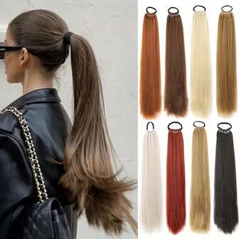 24 Zoll synthetische Pferdeschwanz-Extensions, schwarze natürliche geflochtene Pferdeschwanz-Haarverlängerung, lange gerade Gummiband-Haarverlängerung für Frauen