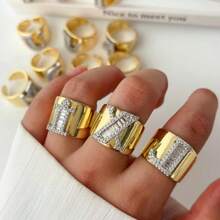 1 Pc New Arrival Two Tone Pave Initial Letter Ring Vintage Style Adjustable Open Metal Rings - Letter Type - View 3