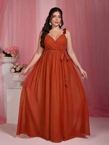 魔法花卉印花交叉裹身无袖优雅伴娘礼服 春季婚礼 - 亮橙色 - 查看 1