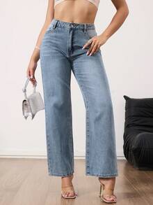 Women's High Waisted Wide Leg Jeans - Light Wash Straight Denim Pants Relaxed Fit Minimalist Aesthetic - 淺色水洗藍 - 查看 8