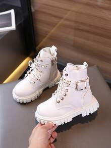 1 双儿童中帮软底防滑复古靴，骑士军靴，女童街头时尚皮革拉链短靴， - 米色 - 查看 2