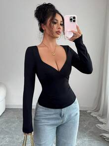 Minimalist Sexy Home Daily Casual American Hot Girl Deep V Neck Long Sleeve T-Shirt Sexy Inner Layer Base Shirt Unique Special Design Elastic Slim Fit Versatile Short Top, Women Halloween Outfit - Black - View 6