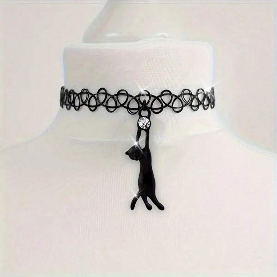 Dây chuyền mặt dây chuyền hình mèo đen pha lê phong cách Gothic - Kiểu dáng cổ điển, dây choker có thể điều chỉnh, thiết kế rỗng, lấy cảm hứng từ hình xăm, trang sức quyến rũ thập niên 90 và Y2K, hoàn hảo cho phụ nữ, thích hợp làm quà tặng cho người yêu, cháu gái, bạn bè, đeo trong dịp Halloween, thường ngày và các lễ kỷ niệm. - Nhiều màu - Xem 1