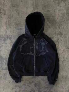 Men's Casual Harajuku Y2K Hooded Sports Cardigan Zipper Graffiti Printed Long Sleeved Hoodie Jacket Sweatshirt - 黑色 - 查看 1