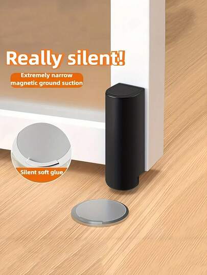 强力磁性门挡，门底磁性门挡，双面胶带，装饰性哑光黑色门挡，降噪硅胶制成，易于安装，无需钻孔，窄磁性门挡 - 静音防撞，防风，高度可调